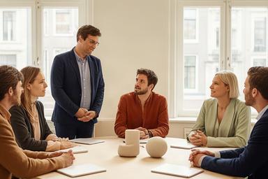 Leiderschapsteam in overleg tijdens een teamsessie in Amsterdam