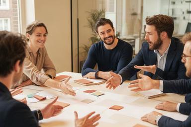 Strategieworkshop met ondernemers rond een tafel vol marktanalyses