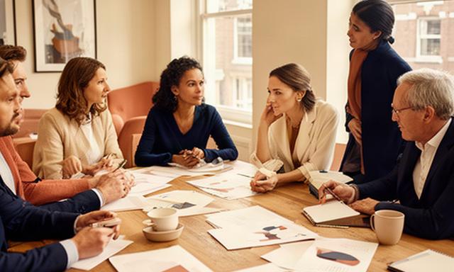 Strategische vergadering met consultants en directie aan een houten tafel in Amsterdam